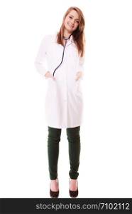 Woman in lab coat. Full length of doctor with stethoscope isolated on white. Medical person for health insurance.