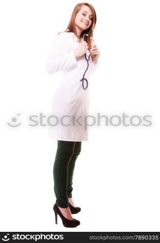 Woman in lab coat. Full length of doctor with stethoscope isolated on white. Medical person for health insurance.