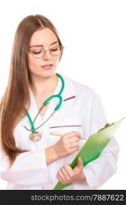 Woman in lab coat with stethoscope and clipboard, female doctor isolated. Medical person for health insurance.