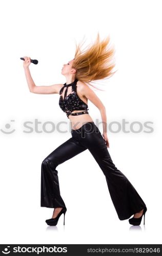Woman in leather suit singing isolated on white