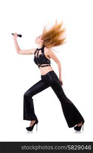 Woman in leather suit singing isolated on white