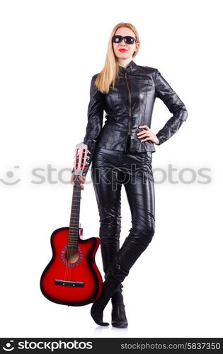 Woman in leather suit with guitar on white