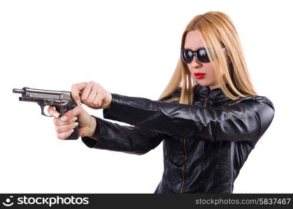 Woman in leather suit with handgun