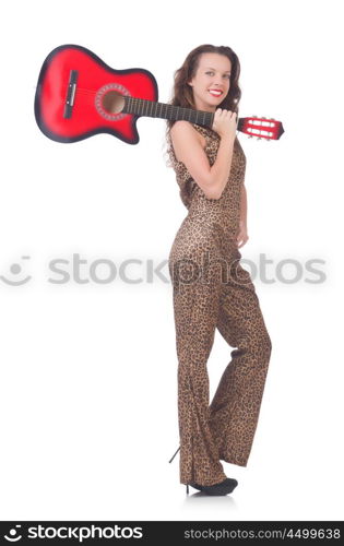 Woman in leopard clothing on white with guitar