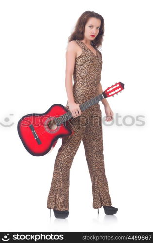 Woman in leopard clothing on white with guitar