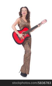 Woman in leopard clothing on white with guitar