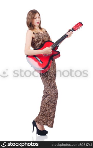 Woman in leopard clothing on white with guitar