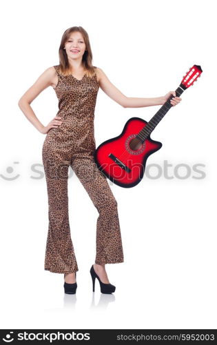 Woman in leopard clothing on white with guitar