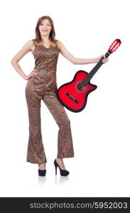 Woman in leopard clothing on white with guitar