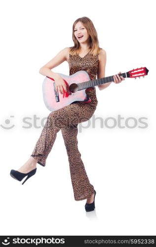 Woman in leopard clothing on white with guitar