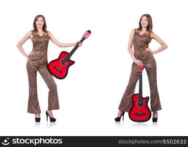 Woman in leopard clothing on white with guitar
