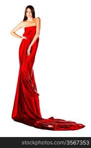 woman in long red dress on white background