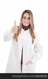 woman in medical uniform giving one thumb up. isolated on white background