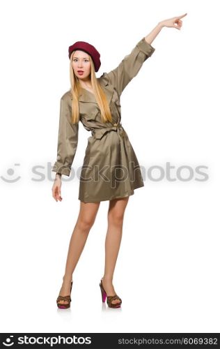 Woman in military clothing isolated on white