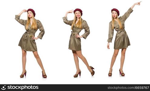 Woman in military clothing isolated on white. The woman in military clothing isolated on white