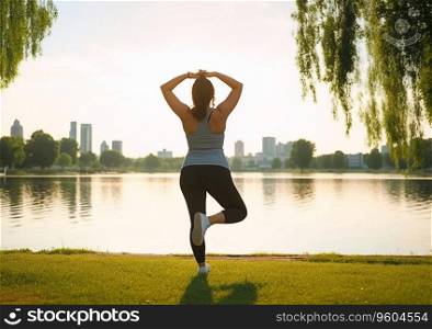 Woman in morning park doing yoga exercise outdoor workout.AI Generative