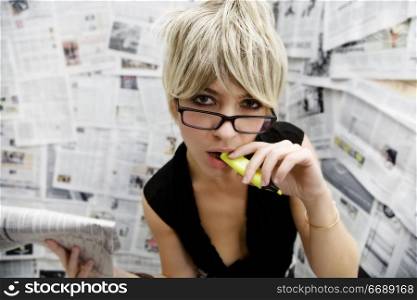 woman in newspaper lined room