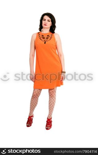 woman in orange dress isolated on the white background
