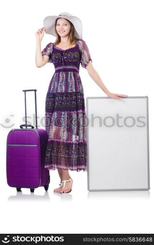 Woman in panama preparing for travel with suitcases and blankboard isolated on white