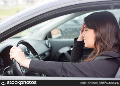 Woman in panic after having a car crash