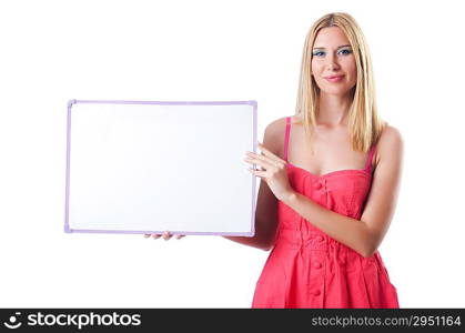 Woman in pink dress with blank board