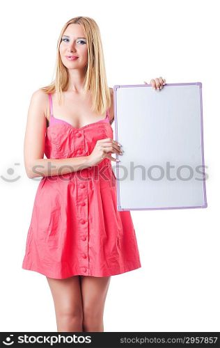 Woman in pink dress with blank board