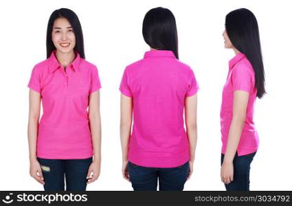 woman in polo shirt isolated on a white background. woman in pink polo shirt isolated on a white background