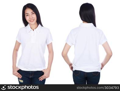 woman in polo shirt isolated on a white background. woman in white polo shirt isolated on a white background