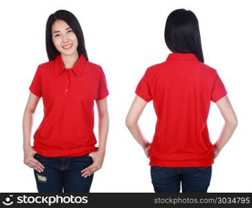 woman in polo shirt isolated on a white background. woman in red polo shirt isolated on a white background