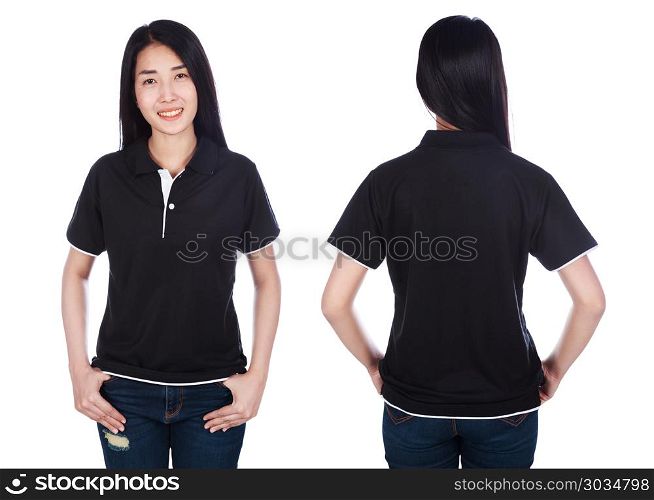 woman in polo shirt isolated on a white background. woman in black polo shirt isolated on a white background