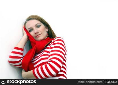 woman in red at bright office