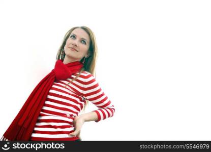 woman in red at bright office