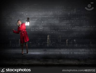 Woman in red coat with lantern lost among binary codes. Network search