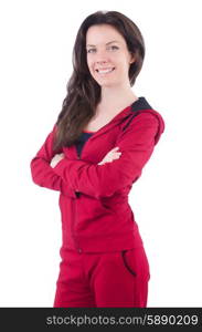 Woman in red costume doing exercises on white