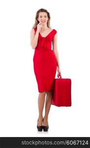 Woman in red dress and travel case isolated on white