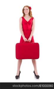 Woman in red dress and travel case isolated on white