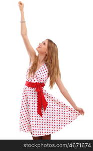 Woman in red dress. Beautiful young blond woman in red dress