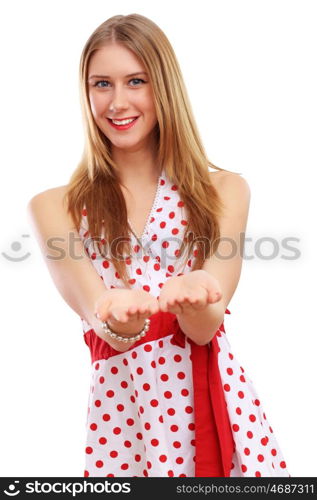 Woman in red dress. Beautiful young blond woman in red dress