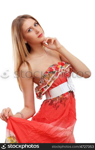 Woman in red dress. Beautiful young blond woman in red dress