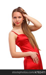 Woman in red dress. Beautiful young blond woman in red dress