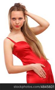 Woman in red dress. Beautiful young blond woman in red dress