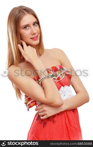 Woman in red dress. Beautiful young blond woman in red dress