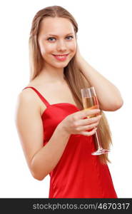 Woman in red dress. Beautiful young blond woman in red dress with glass of champagne