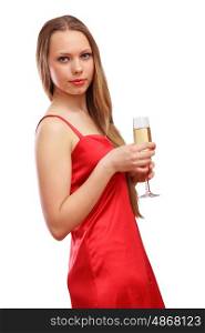Woman in red dress. Beautiful young blond woman in red dress with glass of champagne