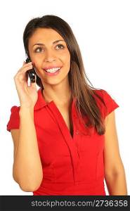 Woman in red dress calling on a cell phone