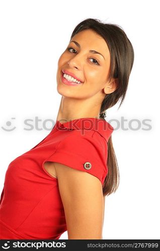 Woman in red dress half-turn smiling.