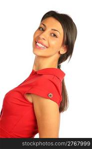 Woman in red dress half-turn smiling.