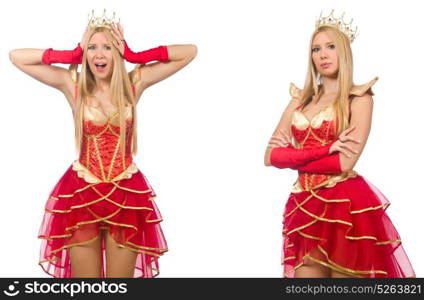 Woman in red dress isolated on white