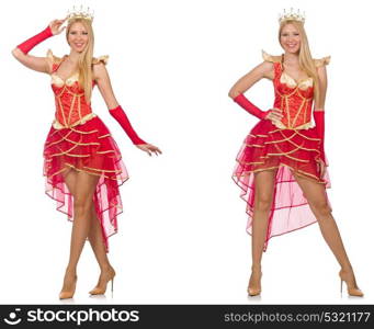 Woman in red dress isolated on white