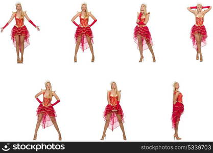 Woman in red dress isolated on white